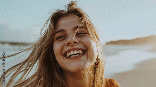 Happy woman with hair blowing in the wind on white background, expressing joy and positivity