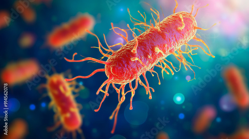 Image of a red-orange bacterium under a microscope on a blue-violet background. Perfect for scientific research, medical articles, and educational materials on microorganisms and infectious diseases