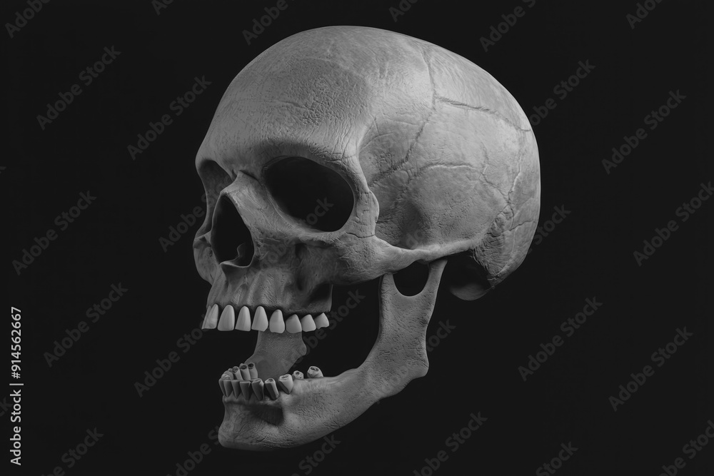 Fototapeta premium Skull on the black background. Halloween spooky background. 