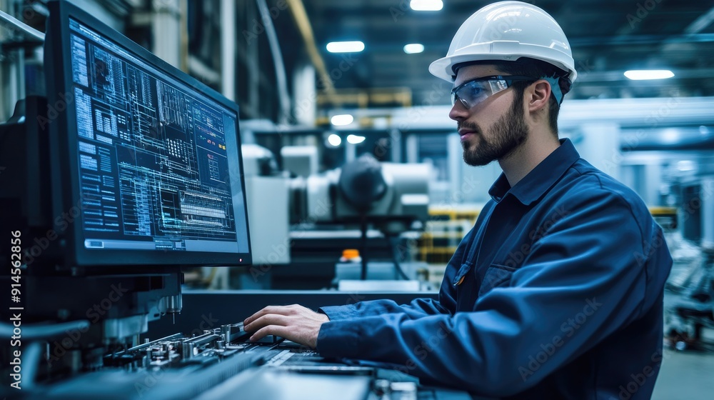 Fototapeta premium Male Engineer Working On Industrial Control System At Manufacturing Plant. Generative AI