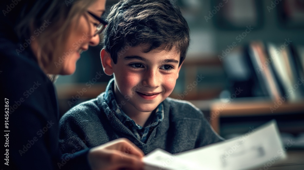 Schoolboy Being Handed His Test Results By The Teacher In The Classroom. Schoolboy Being Handed His Test Results By The Teacher In The Classroom.