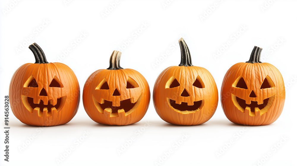 Halloween pumpkins set with carved faces isolated on white background Halloween pumpkins set with carved faces isolated on white background