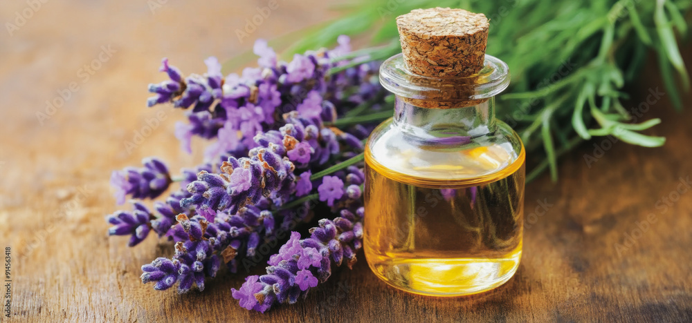 Lavender Flowers and Essential Oil Bottle on Wooden Table in Natural Lighting Lavender Flowers and Essential Oil Bottle on Wooden Table in Natural Lighting