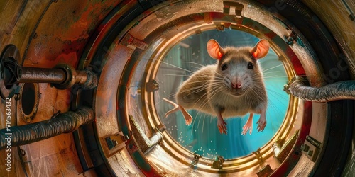 A rat looking out of a round metal hatch. photo