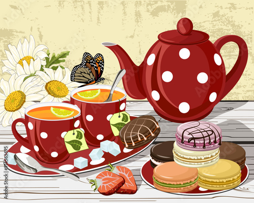 Tea party with sweet dessert.Teapot, cups with tea and macaroons on wooden table top in vector illustration.