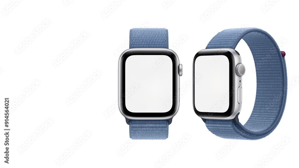 Closeup of silver smartwatches with woven blue wristband, isolated on white copy-space background. Closeup of silver smartwatches with woven blue wristband, isolated on white copy-space background.