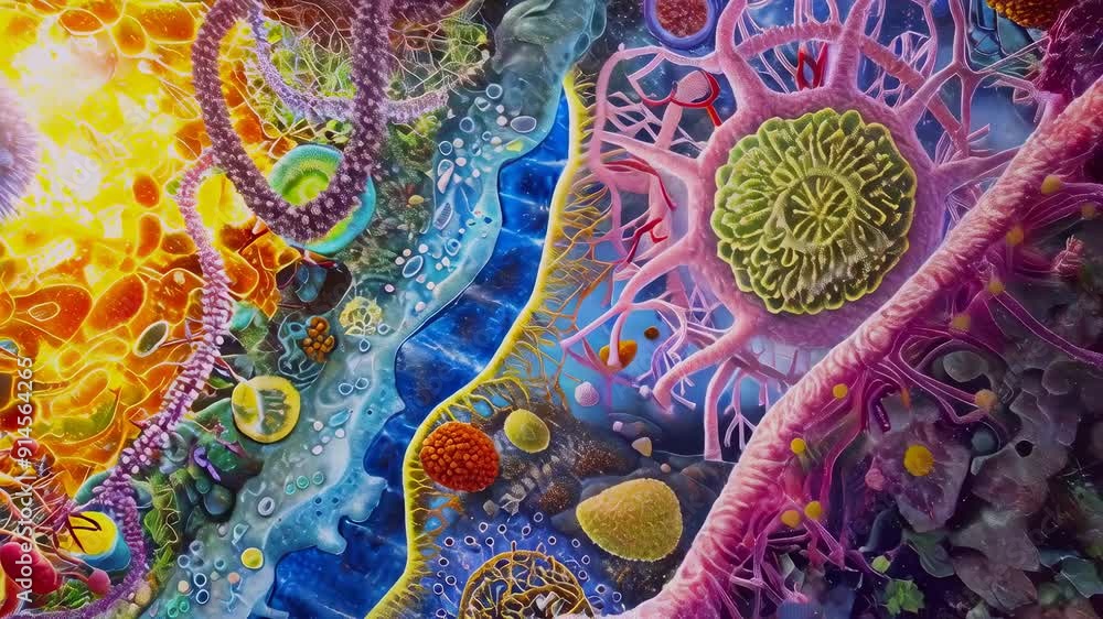 A vibrant view of cells showcases intricate biological structures in ...
