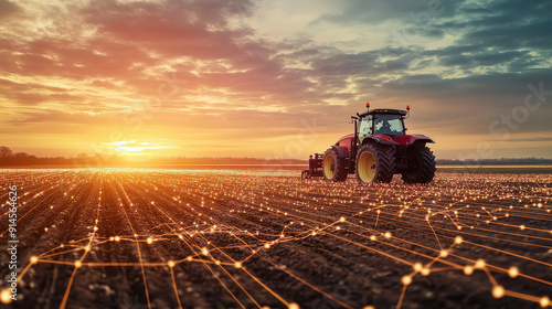 A modern tractor plowing a vast field at sunrise with a futuristic digital overlay, symbolizing the intersection of agriculture and technology.