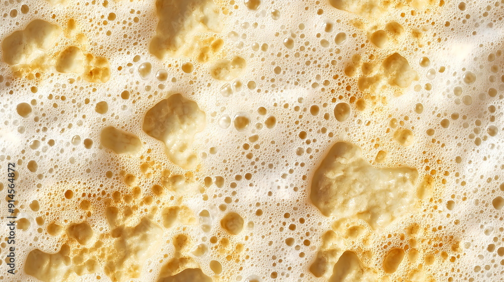 Texture of soapy yellow sponge with detergent for washing surfaces. Background with soap foam and bubbles. device for cleaning and cleaning premises