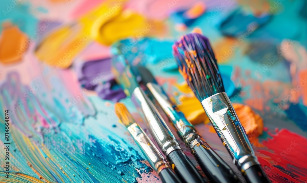 close up pf paint brushes with colourful paint palette behind close up pf paint brushes with colourful paint palette behind