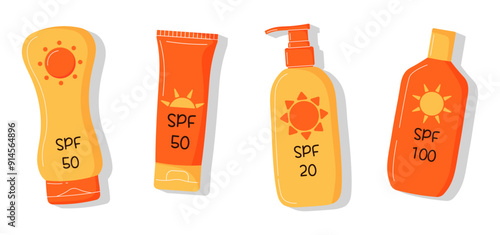 Cute SPF cream bottles set with various levels. Protection from the sun, uv rays. Perfect for summer-themed projects, skincare promotions, and health-related designs.