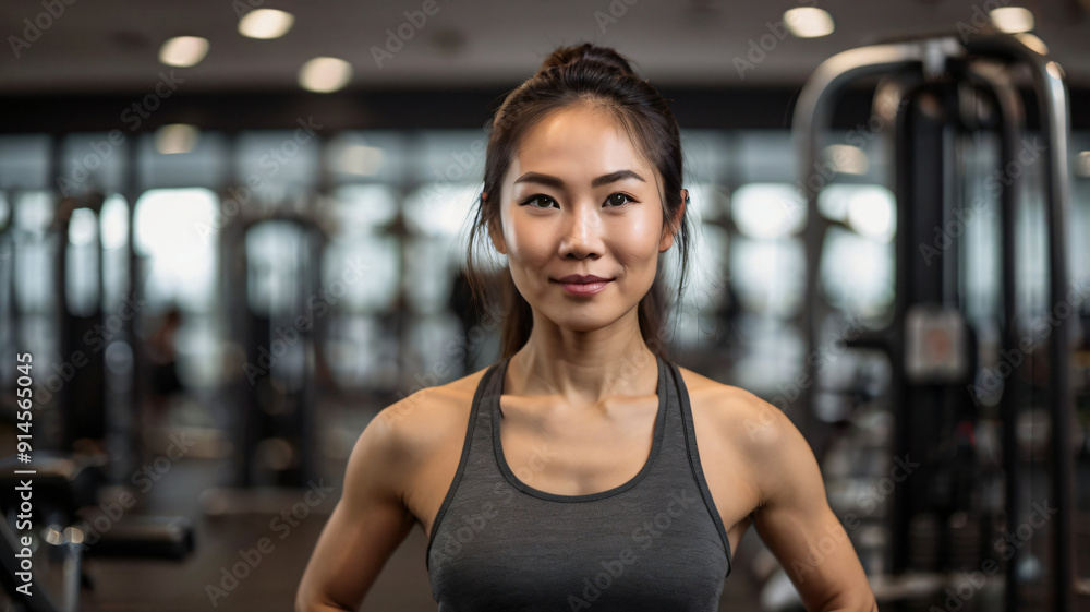 Fototapeta premium portrait of a fit asian female fitness instructor in a gym