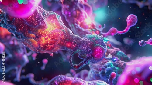 Animated, colorful microscopic organisms appear to be floating and interacting in a vibrant, otherworldly environment. The glowing colors and fluid movements create an energetic and dynamic visual photo