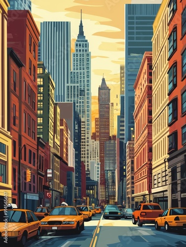 Sunset Cityscape with Yellow Taxis