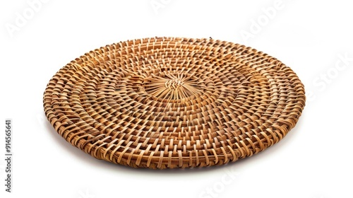 Wicker hot pad on white background. Round wicker mat