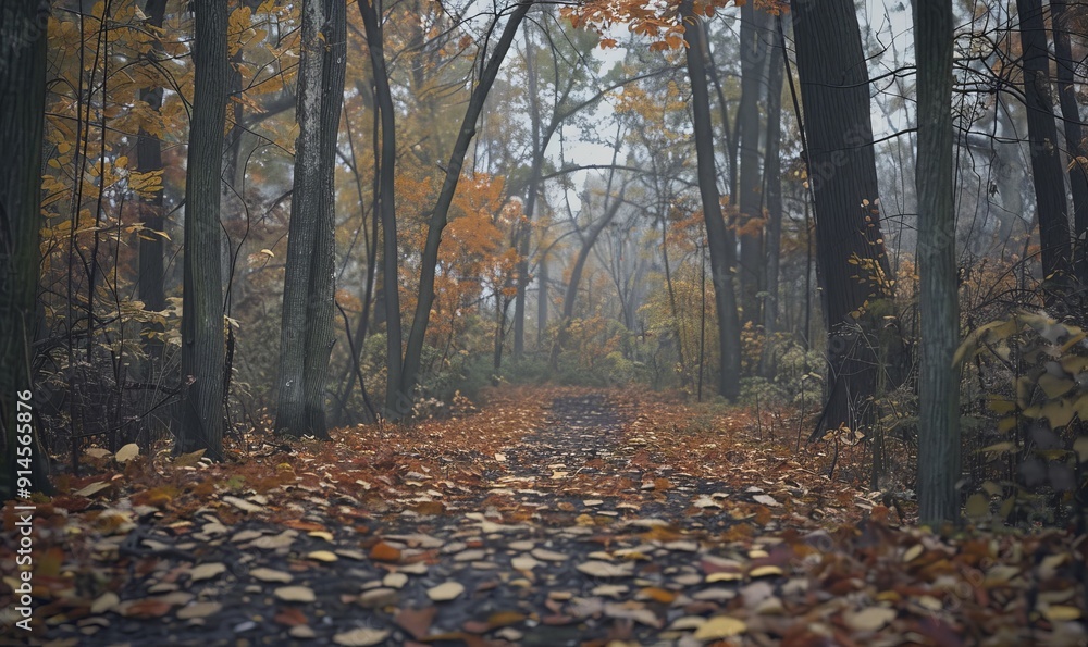 Off-center forest trail, autumn leaves, serene yet chaotic, nature's beauty Off-center forest trail, autumn leaves, serene yet chaotic, nature's beauty