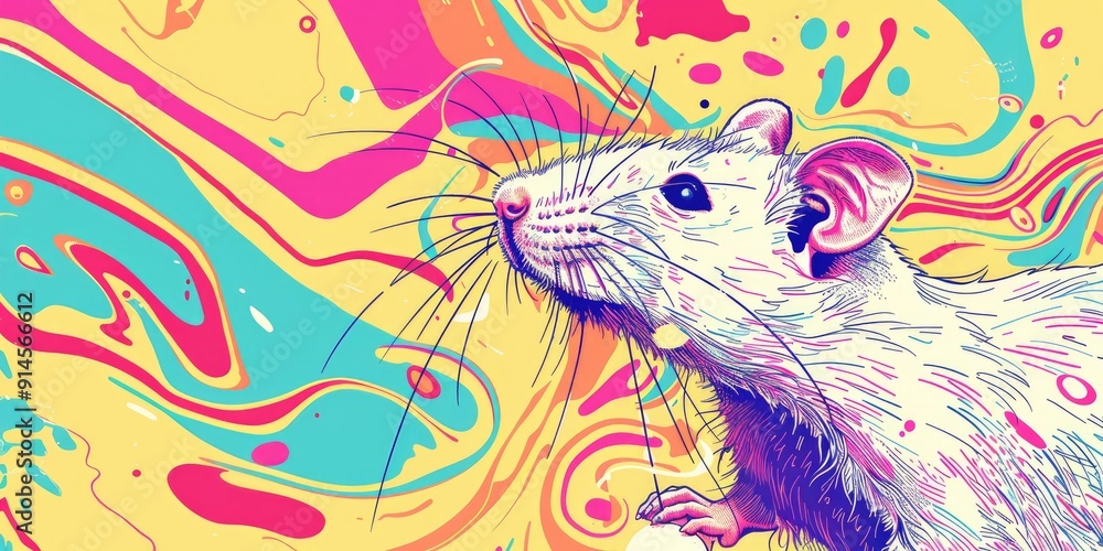 Fototapeta premium A white rat against a colorful background.