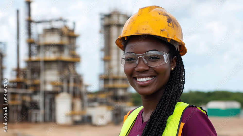 Female Engineer at Industrial Site Wearing Safety Gear. Female Engineer at Industrial Site Wearing Safety Gear.