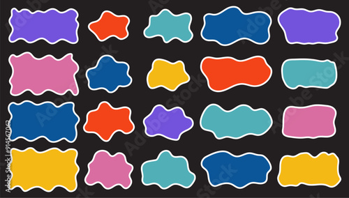 Set of colorful organic shape stickers, backgrounds isolated on white background. Uneven shapes. Cute smears, creative blots, spatters.