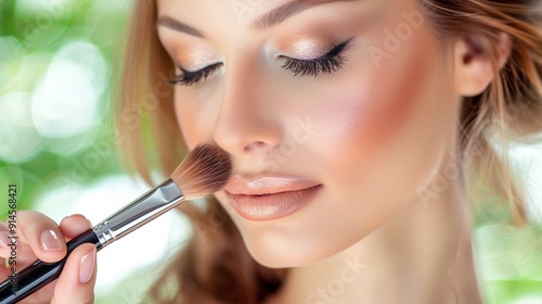 Close up view of a woman skillfully putting on makeup with beautifully blurred background