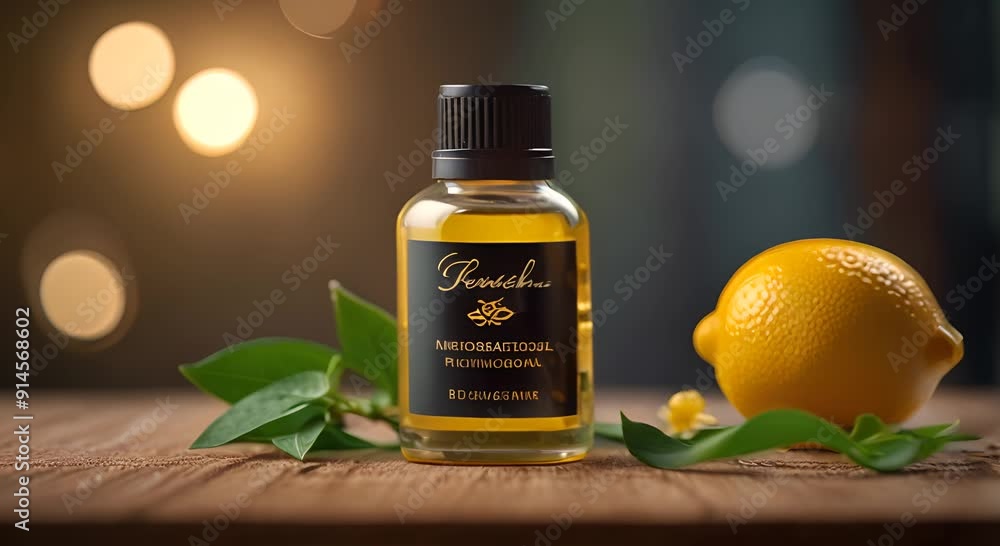 Lemon Essential Oil Bottle with Leaves and Fruit Lemon Essential Oil Bottle with Leaves and Fruit