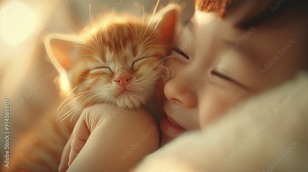 Close up of cheerful girl smiling, holding kitten with blurred background, heartwarming moment Close up of cheerful girl smiling, holding kitten with blurred background, heartwarming moment