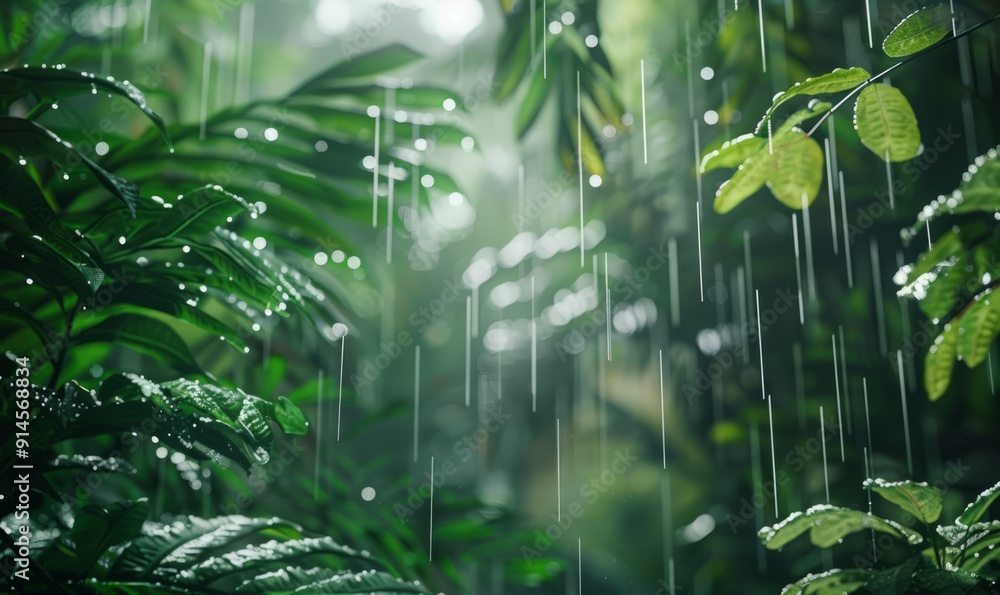 Fototapeta premium Rain in the rainforest: rain drops fall from the lush foliage of the rainforest, filling the air with the freshness and fragrance of greenery