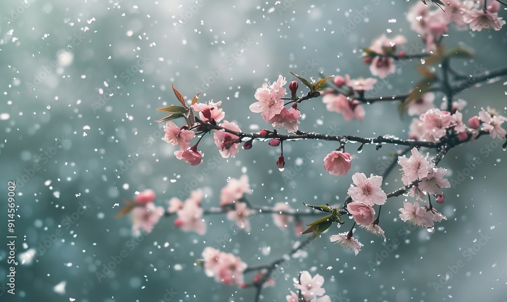 Snow falling on a spring blossom tree Snow falling on a spring blossom tree