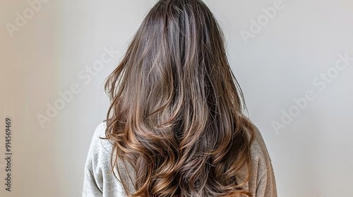 Elegant woman with beautiful long hair seen from behind on a clean white background