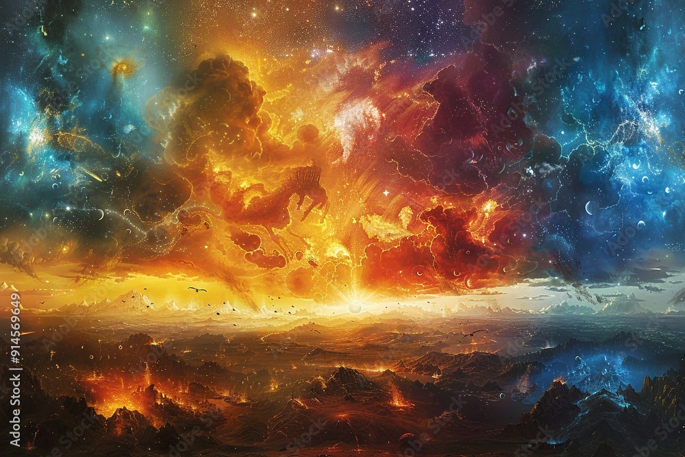A stunning artwork showcasing the contrast between three realms: flames and tortured souls below, a lush countryside in the center, and a heavenly realm with golden rays and ethereal beings above. A stunning artwork showcasing the contrast between three realms: flames and tortured souls below, a lush countryside in the center, and a heavenly realm with golden rays and ethereal beings above.