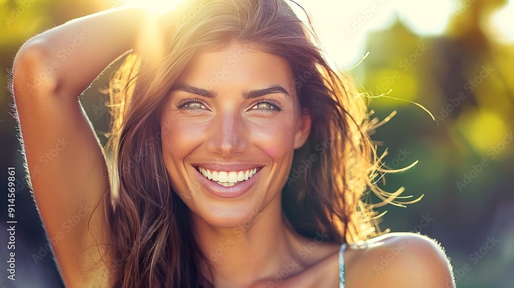 Happy woman touching her hair, smiling at camera with blurred background in close up view Happy woman touching her hair, smiling at camera with blurred background in close up view