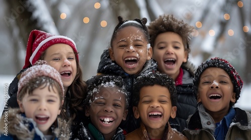 Photo of happy children from different ethnic groups celebrating Christmas in a snowy forest. ai-generated
