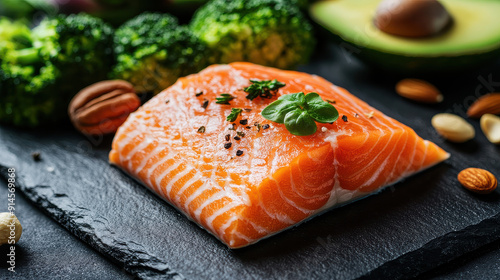 A fresh salmon fillet garnished with herbs and spices, artistically presented on a slate plate with an array of vibrant vegetables like broccoli and avocado, ideal for health enthusiasts.