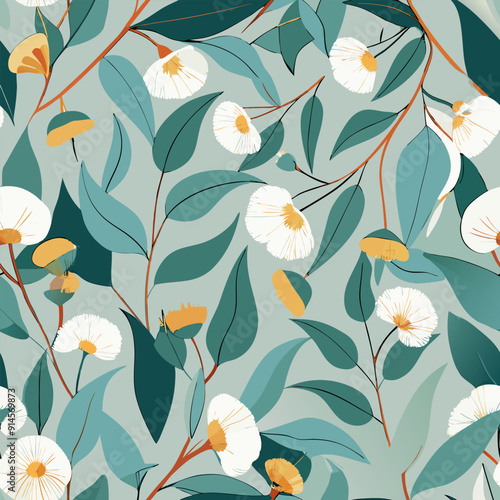 soft colors australian gum blossom eucalyptus seamless pattern