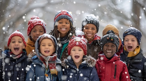 Photo of happy children from different ethnic groups celebrating Christmas in a snowy forest. ai-generated