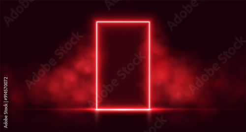 Neon door with smoke, red glowing portal, futuristic arch gate, magic border with vapor. Vector illustration.