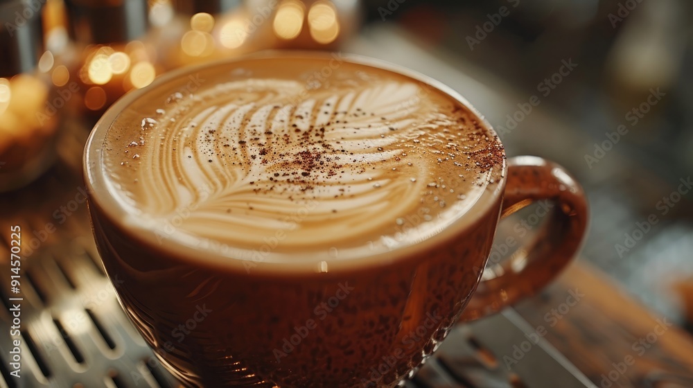 A close-up of a latte with a perfect heart design in the foam. The drink sits on a coffee machine's drip tray. The coffee is ready to be served. A close-up of a latte with a perfect heart design in the foam. The drink sits on a coffee machine's drip tray. The coffee is ready to be served.