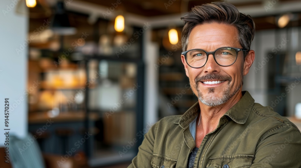 Close up portrait of smiling man wearing glasses with blurred background, looking at camera Close up portrait of smiling man wearing glasses with blurred background, looking at camera