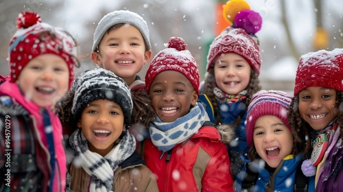 Photo of happy children from different ethnic groups celebrating Christmas in a snowy forest. ai-generated