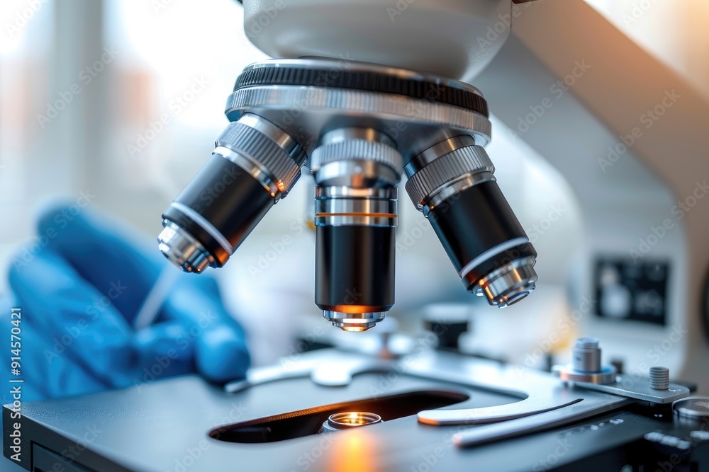 A close-up of a microscope lens, focused on a sample, with a gloved hand in the foreground. A close-up of a microscope lens, focused on a sample, with a gloved hand in the foreground.