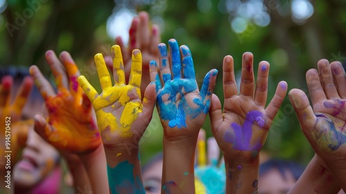 Close up of children s hands covered in paint with blurred background, artistic creativity photo