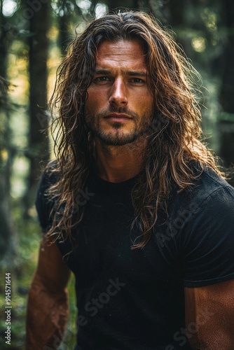 A muscly handsome man wearing jeans and a black t-shirt with long hair.