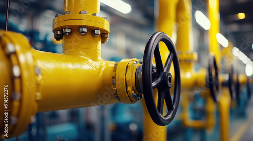 Wallpaper Mural This image highlights an industrial yellow pipe fitted with a black valve and bolts against a backdrop of multiple pipes, illustrating control and regulation in engineering. Torontodigital.ca