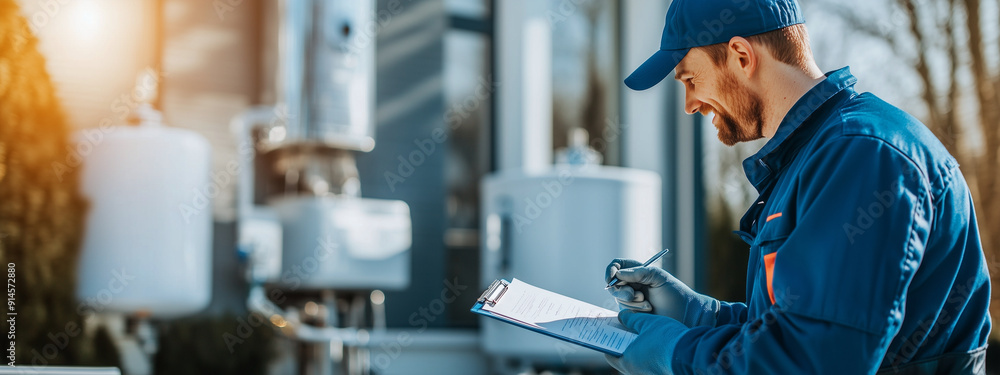 Smiling technician in uniform and cap servicing home water heater, holding clipboard and pen, demonstrating professionalism, doing maintenance. The technician supports the operation of home appliances Smiling technician in uniform and cap servicing home water heater, holding clipboard and pen, demonstrating professionalism, doing maintenance. The technician supports the operation of home appliances