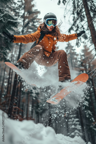 Joyful Girl Snowboarding in a Winter Wonderland on a Beautiful Snowy Day