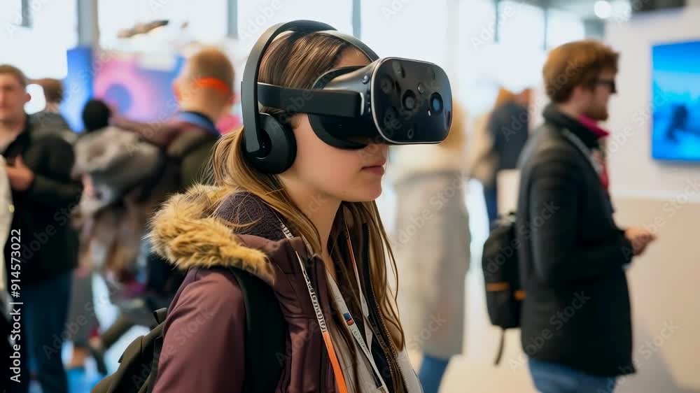 A young woman, likely in her 20s, uses a VR headset and headphones to explore a virtual reality experience at a technology expo. She is surrounded by other attendees, wearing a brown jacket with a A young woman, likely in her 20s, uses a VR headset and headphones to explore a virtual reality experience at a technology expo. She is surrounded by other attendees, wearing a brown jacket with a