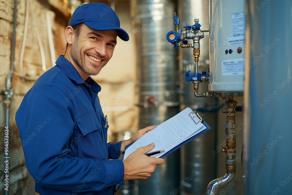 © NN AI - Smiling technician in uniform and cap servicing home water heater, holding clipboard and pen, demonstrating professionalism, doing maintenance. The technician supports the operation of home appliances