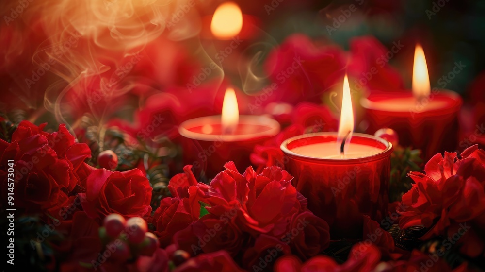 Burning candles in a red floral advent arrangement Burning candles in a red floral advent arrangement