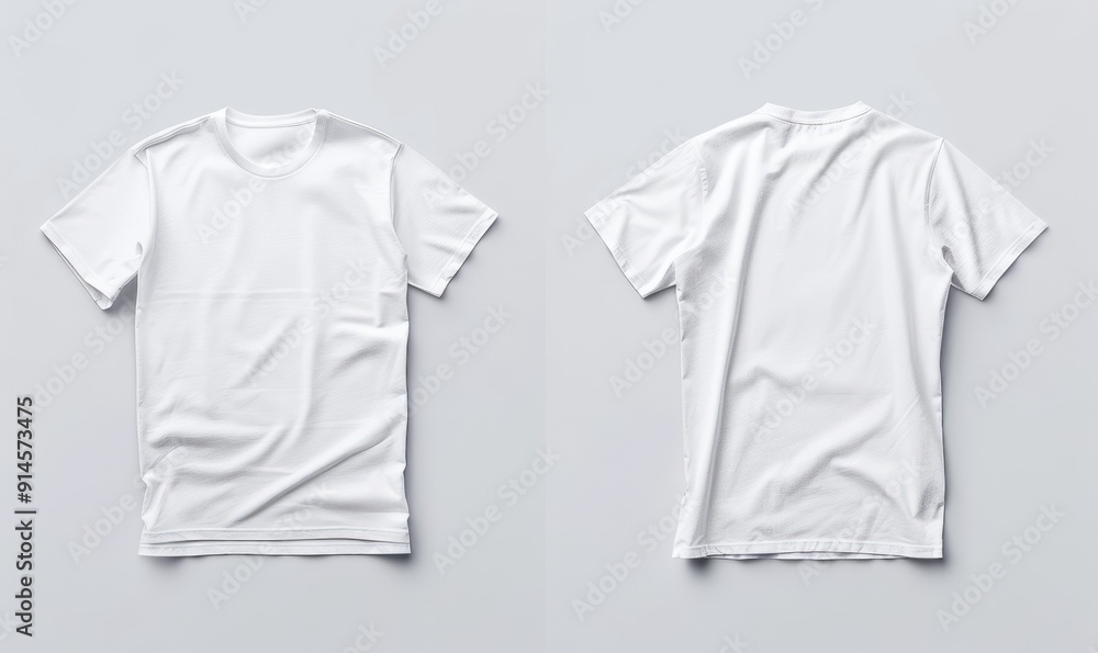 Two white blank t-shirts, front and back view, on a clean background, ideal for branding mockup. Two white blank t-shirts, front and back view, on a clean background, ideal for branding mockup.