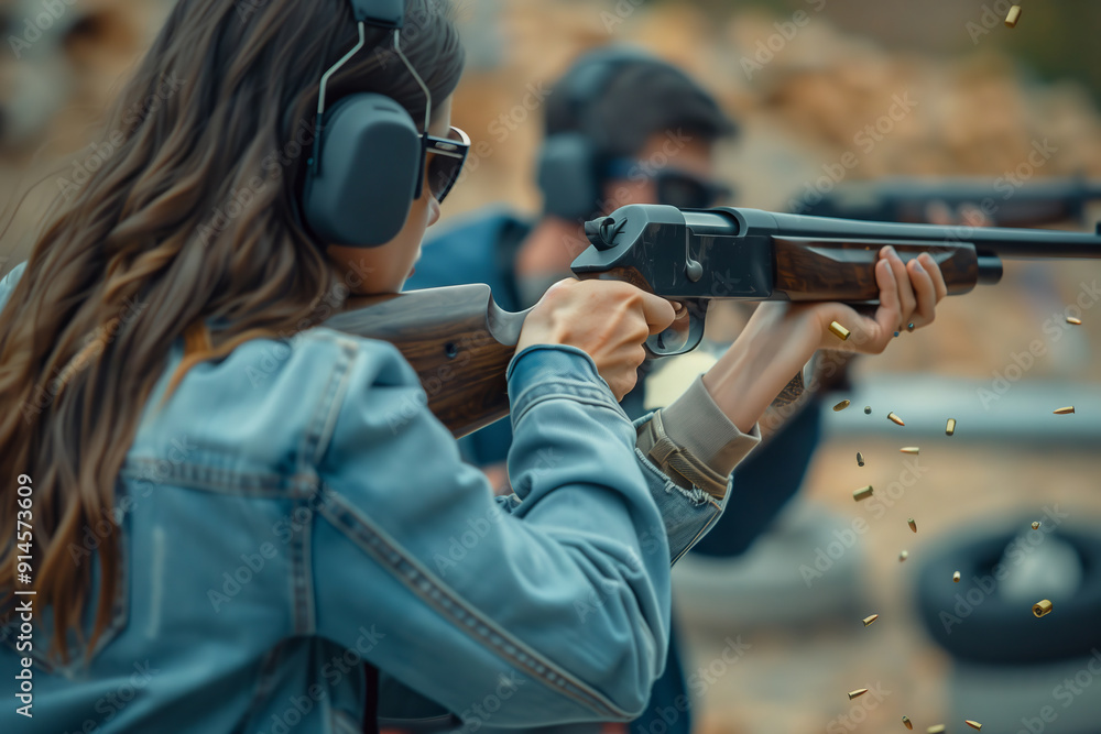 Obraz premium A Focused Couple Engages in Target Practice at an Indoor Shooting Range at Night